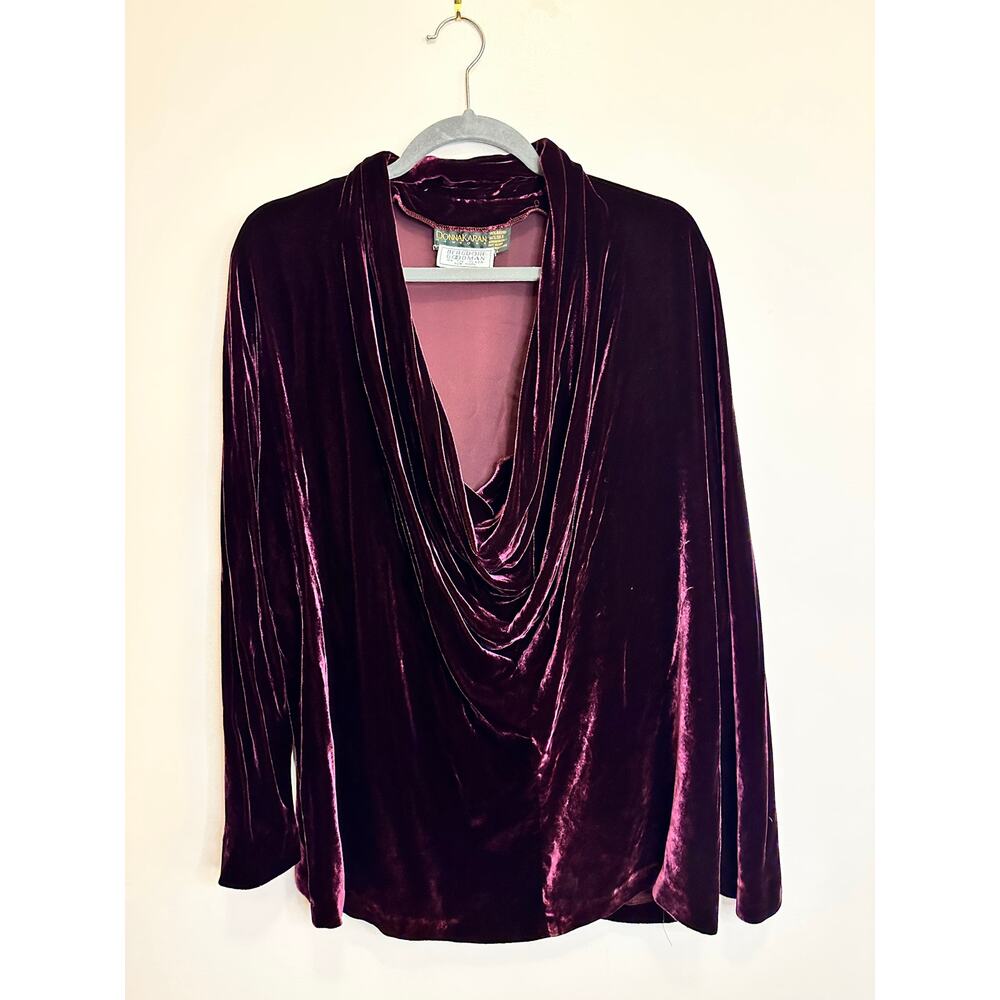 Vintage Donna Karan Bergdorf Red Velour Cowl Neck Long Sleeve Top Large